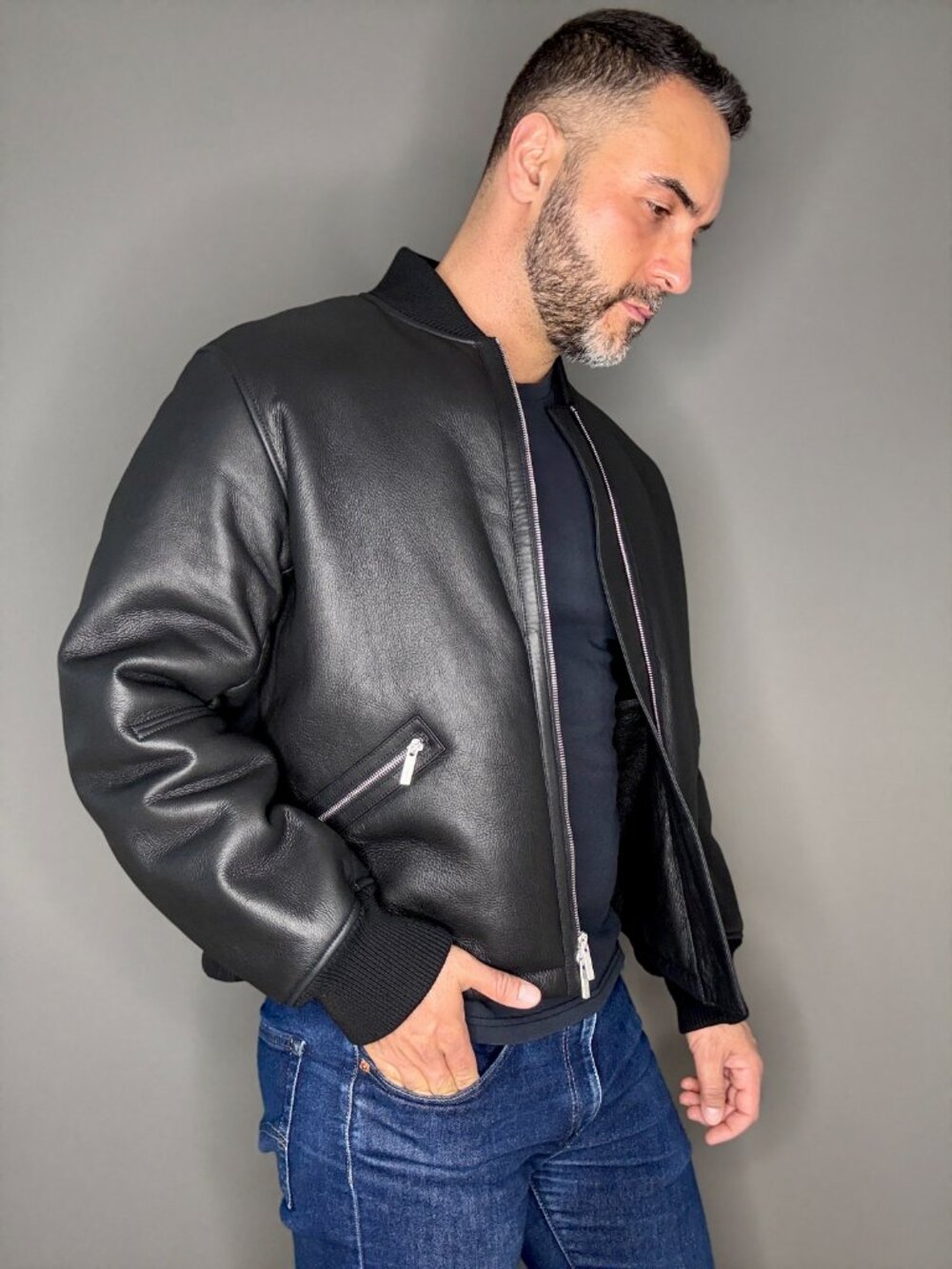 Ferragamo Men Black Lamb Shearling Merino Bomber Jacket IT 52 NWT